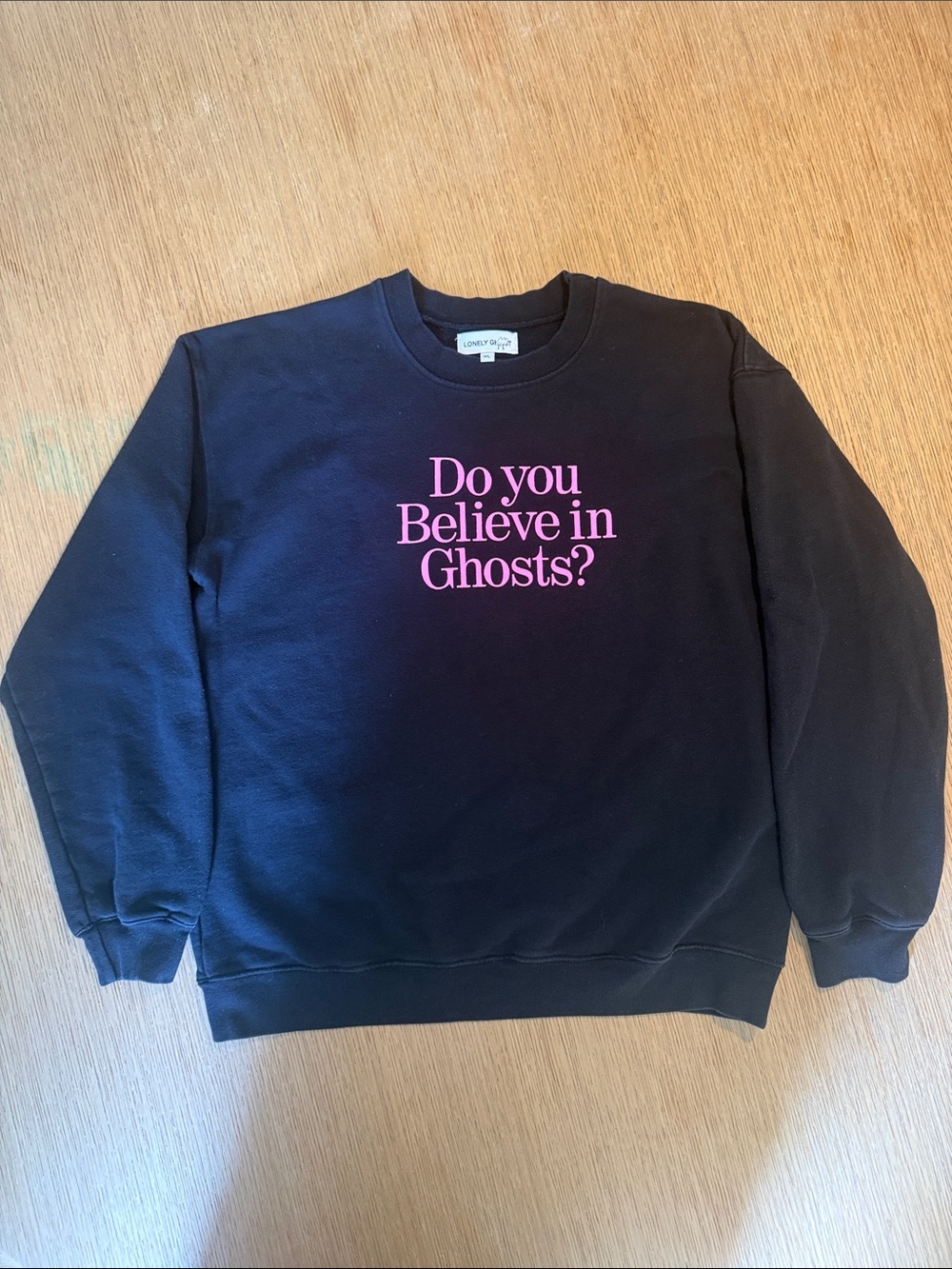 Lonely Ghost Do You Believe in Ghosts Black Crewneck Sweatshirt XL Pink Graphic